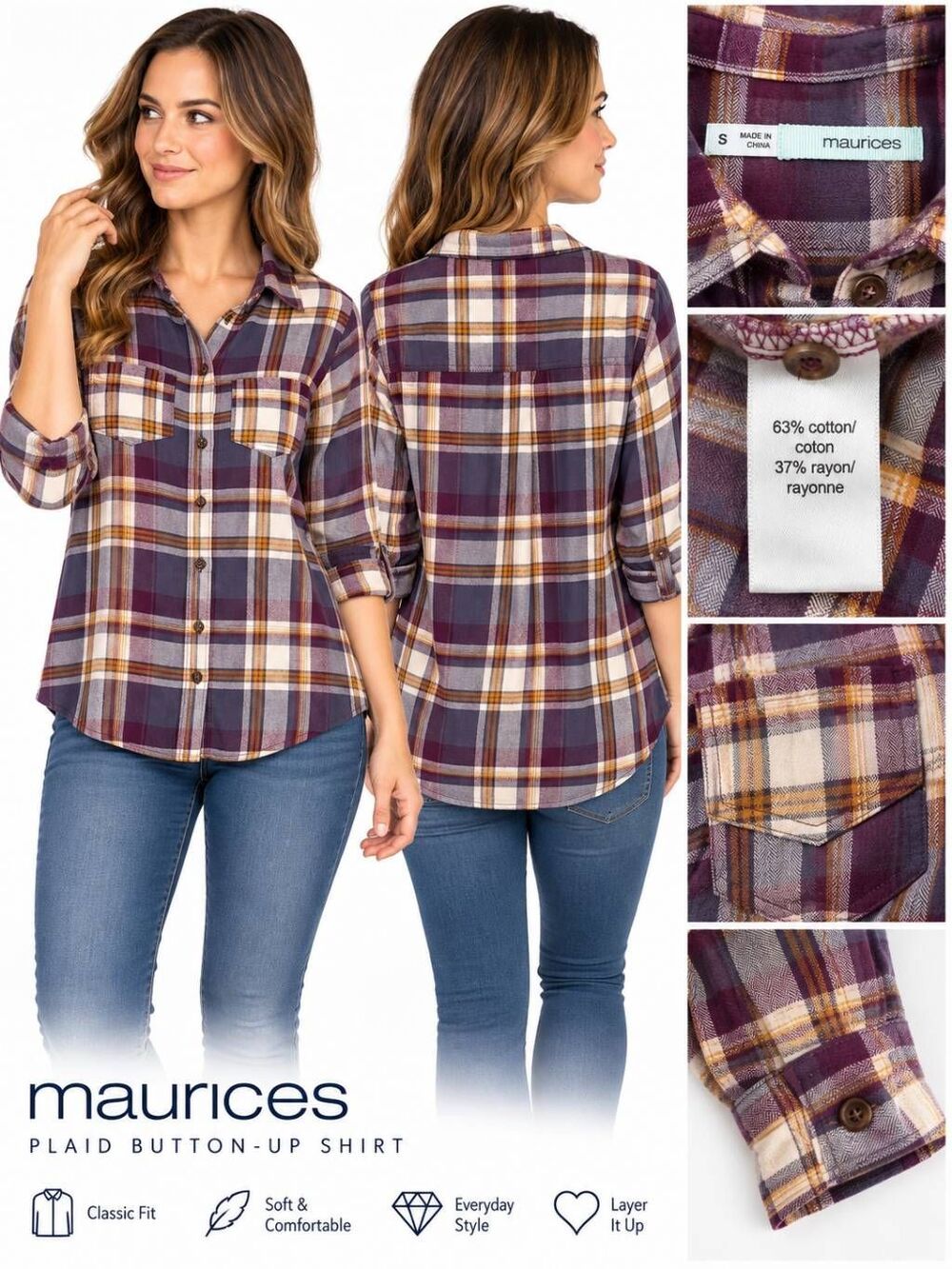 Maurices Small Plaid Button Down Shirt Purple Mustard Gray Long Sleeve Cotton Bl